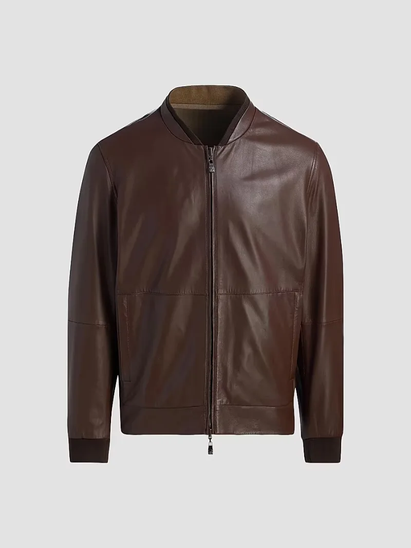 Corneliani Men's Reversible Leather & Twill Bomber Jacket - Brown Navy - Size 42