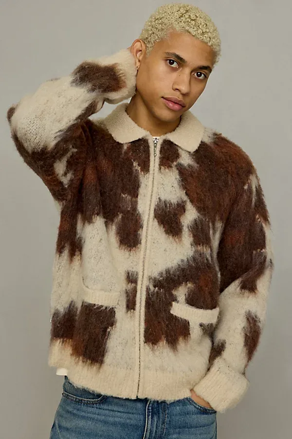 OBEY Cow Pattern Zip Sweater in Cow Print, Men's at Urban Outfitters