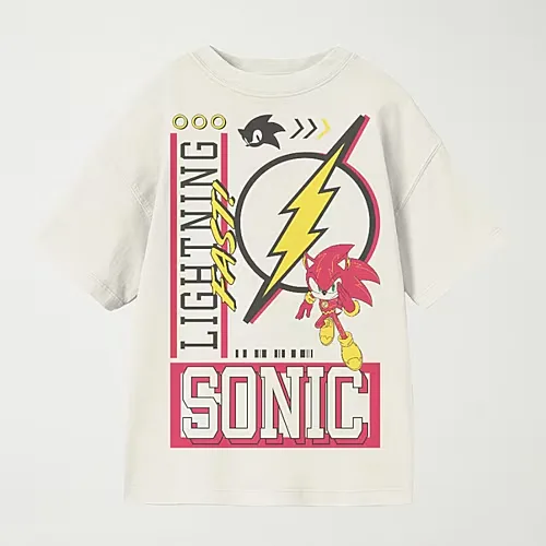 Little & Big Kid Boys Crew Neck Short Sleeve Oversized Sonic the Hedgehog Graphic T-Shirt, Large (14-16), Beige