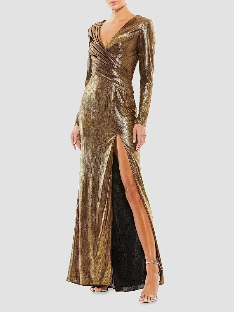 Mac Duggal Women's Metallic Long-Sleeve Asymmetrical Ruched Gown - Gold - Size 8