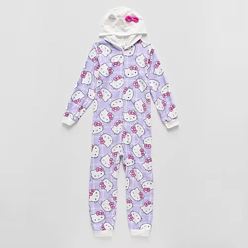 Little & Big Kid Girls Microfleece Long Sleeve Hooded Hello Kitty One Piece Pajama, 4, Purple