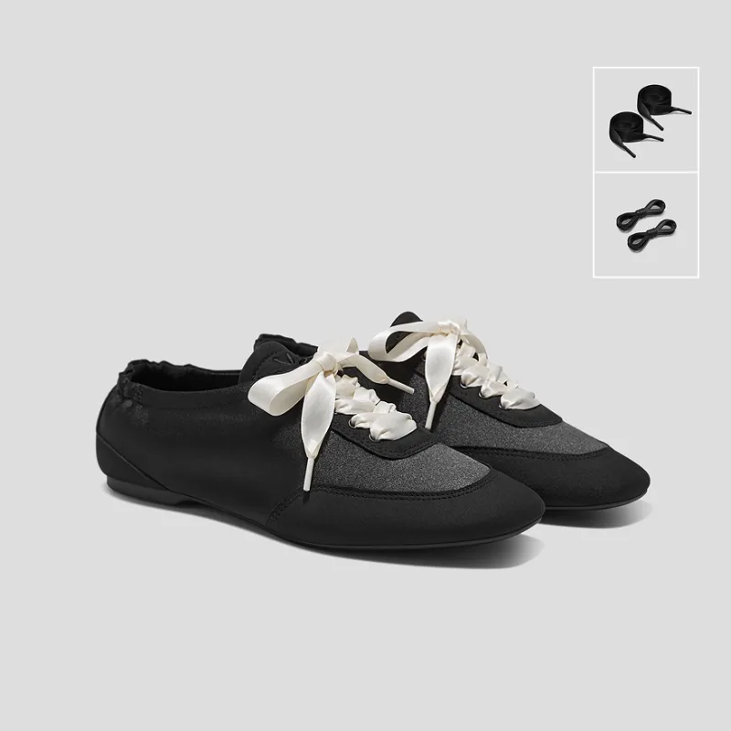 VIVAIA 3 Laces Included Square-Toe Lace-Up Satin Sneakerina (Cristina)|BLACK|7-7.5