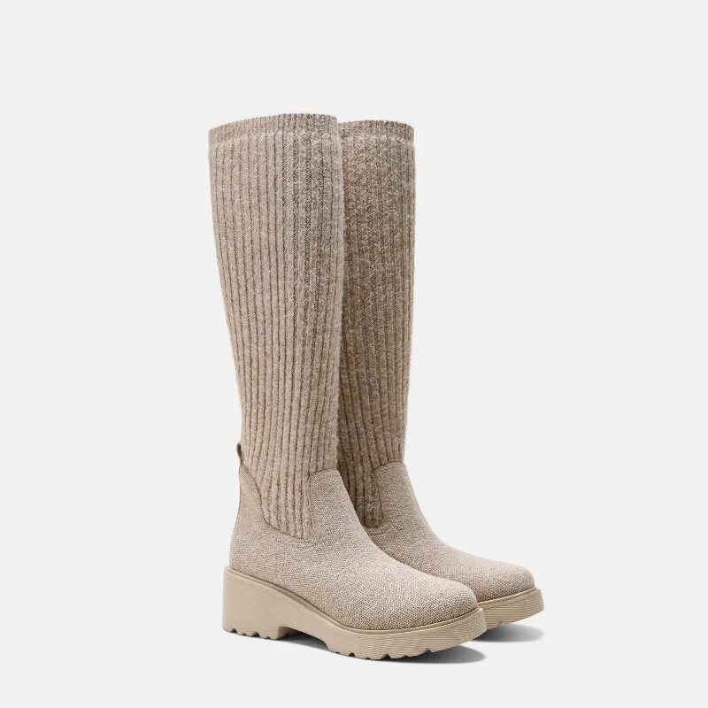 VIVAIA Round-Toe Knee-High Wool Wedge Boots (Eduarda)|OATMILK|US 9.5