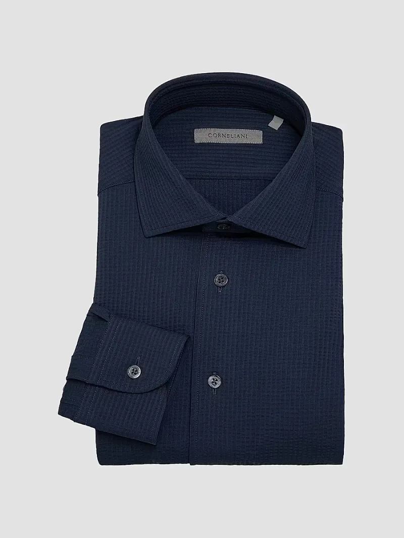Corneliani Men's Performance Seersucker Shirt - Navy Seersucker - Size 16.5