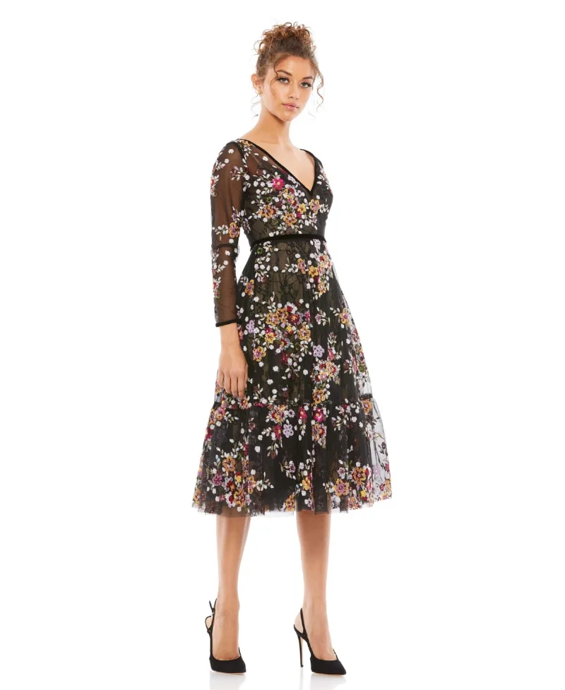 Mac Duggal Women's Black Floral Embroidered Tea Length Dress - Black Floral