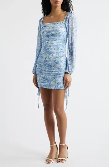Jump Apparel Ruched Square Neck Minidress in White Blue at Nordstrom Rack, Size Large