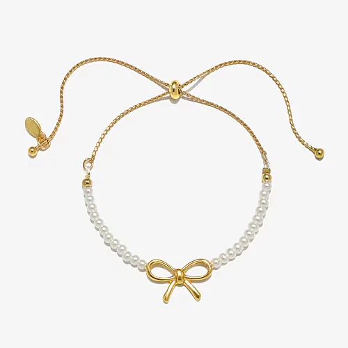 Bijoux Bar Delicates Gold Tone Womens Simulated Pearl Bow Bolo Bracelet, One Size, Yellow