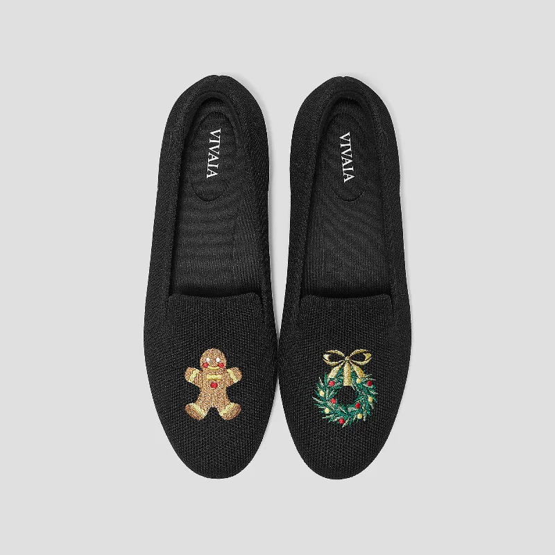 VIVAIA Round-Toe Embroidered Loafers (Audrey)|BLACK - GINGERBREAD MAN|US 5