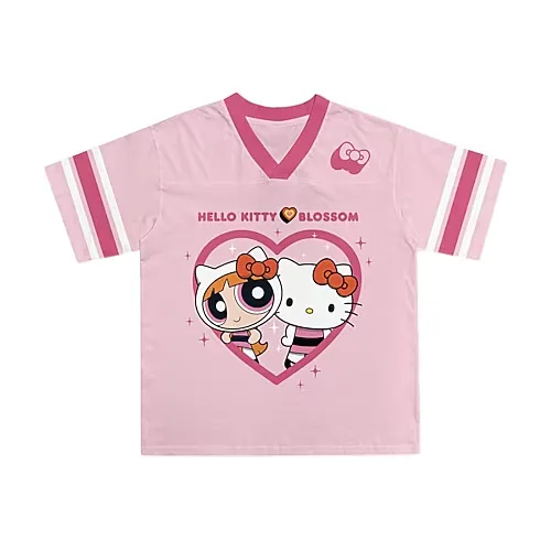 Jersey Little & Big Kid Girls V Neck Hello Kitty Powerpuff Girls Short Sleeve Jersey, Large (14), Pink