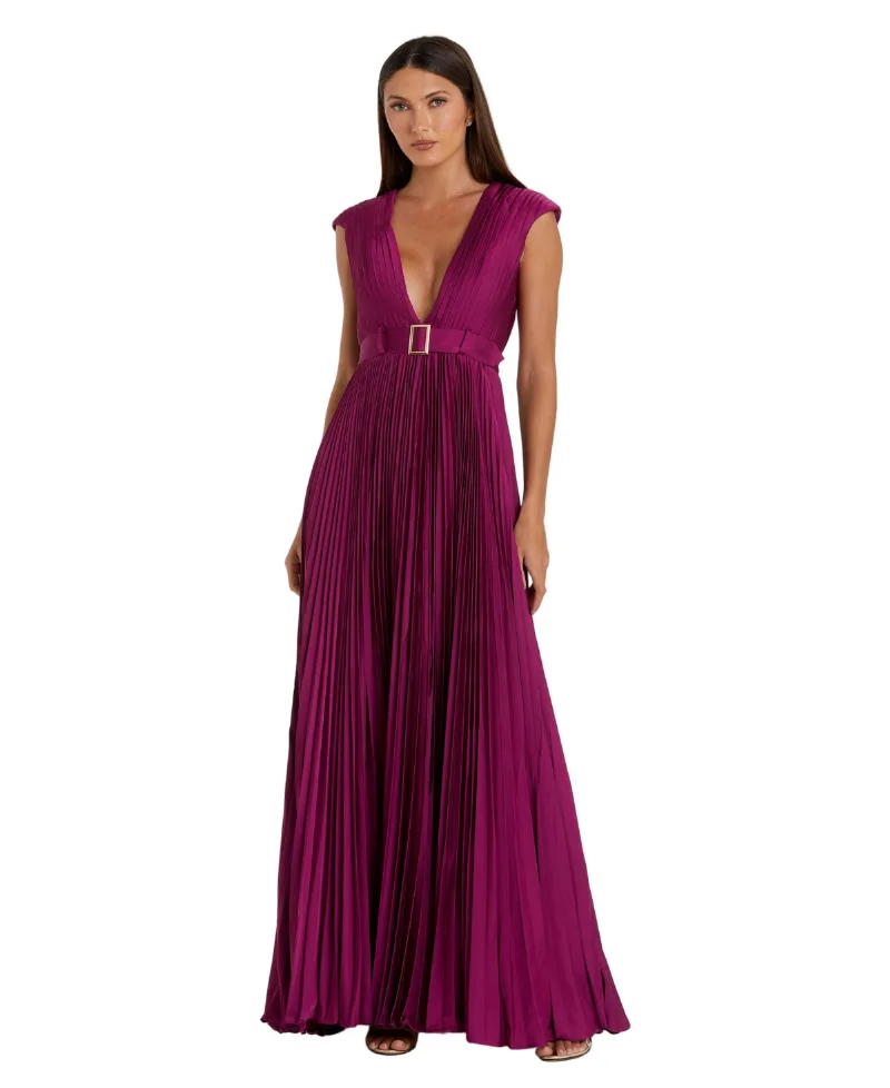 Mac Duggal Women's Ieena Pleated Plunge Neck Belted Satin Gown - Raspberry