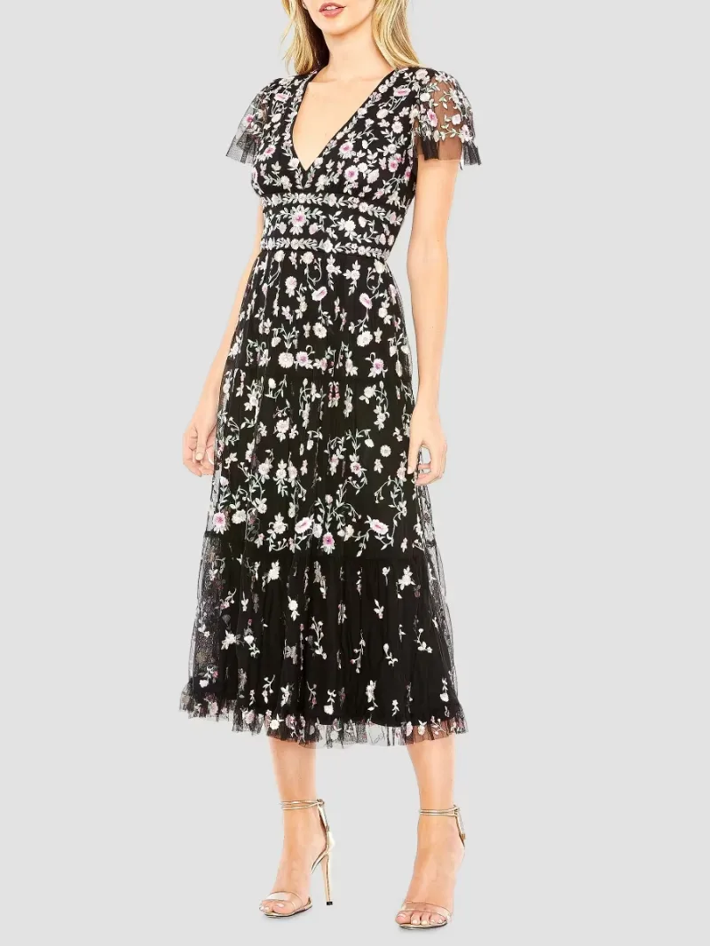 Mac Duggal Women's Floral Midi Dress - Black Multi - Size 6