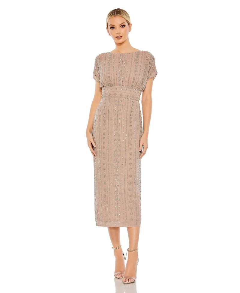 Mac Duggal Women's Beaded Cap Sleeve Column Midi Dress - Dark mocha