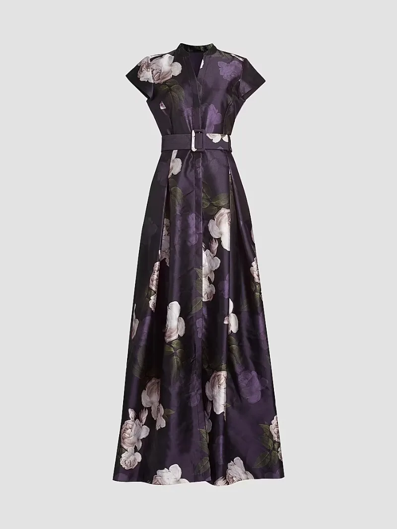SACHIN BABI Women's Marta Floral Mikado Belted Gown - Twilight Blooms - Size 4