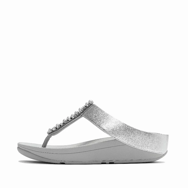 FINO Pearls-And-Crystal Metallic Toe-Post Sandals
