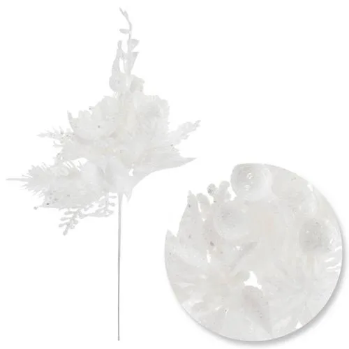 White Glitter Poinsettia & Pine Pick