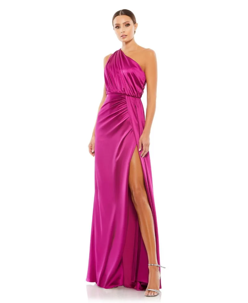 Mac Duggal Women's Gathered One Shoulder Satin Faux Wrap Gown - Berry