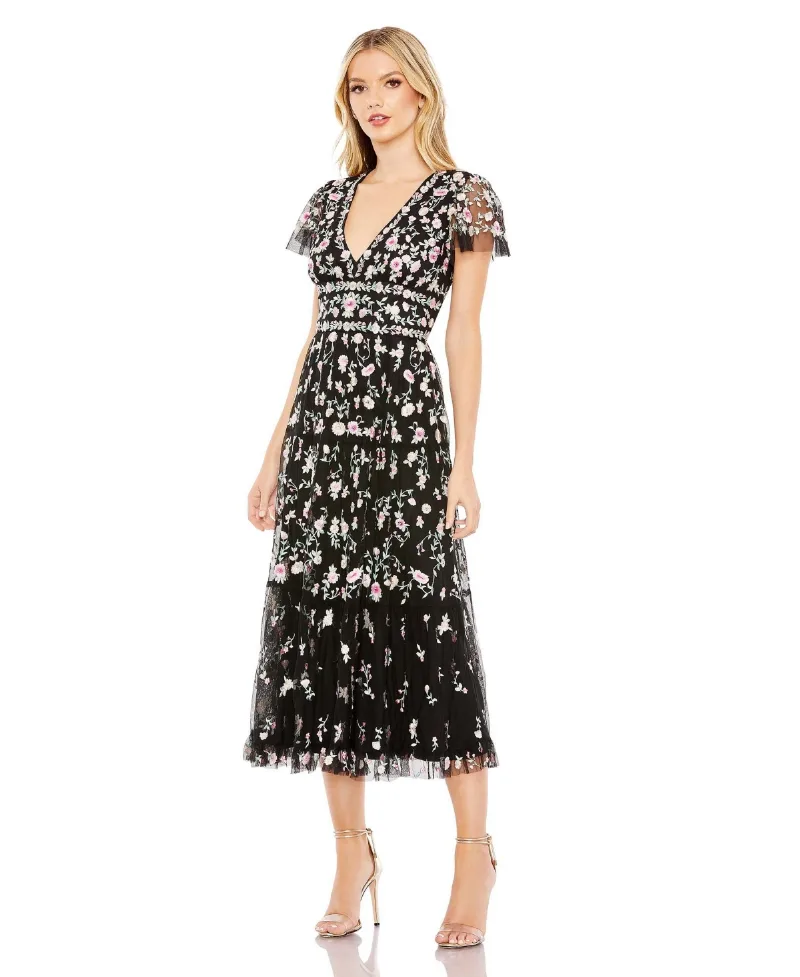 Embroidered V Neck Cap Sleeve Midi Dress - Black multi