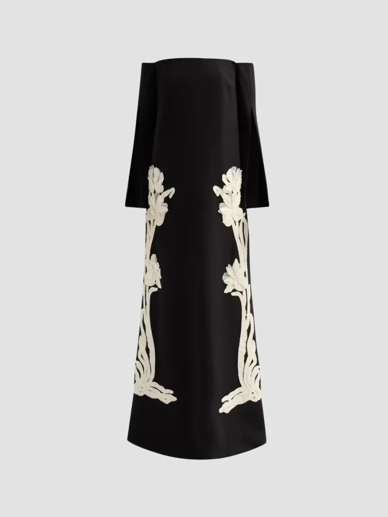 Lela Rose Women's Floral Organza Embroidered Crepe Gown - Black Cream - Size 4
