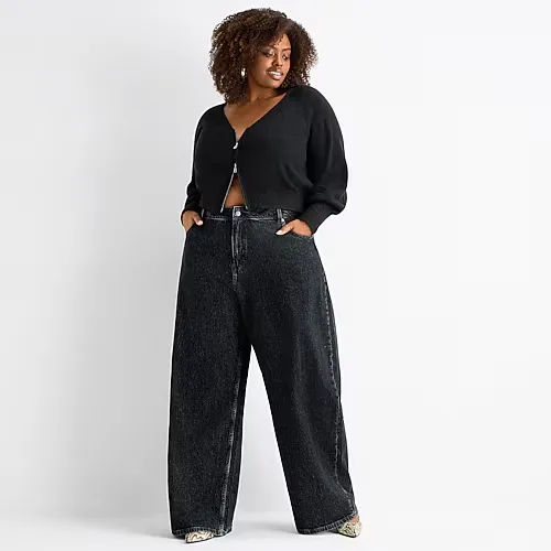 Ashley Graham Slouchy Womens Plus High Rise Wide Leg Jean, 16w, Black