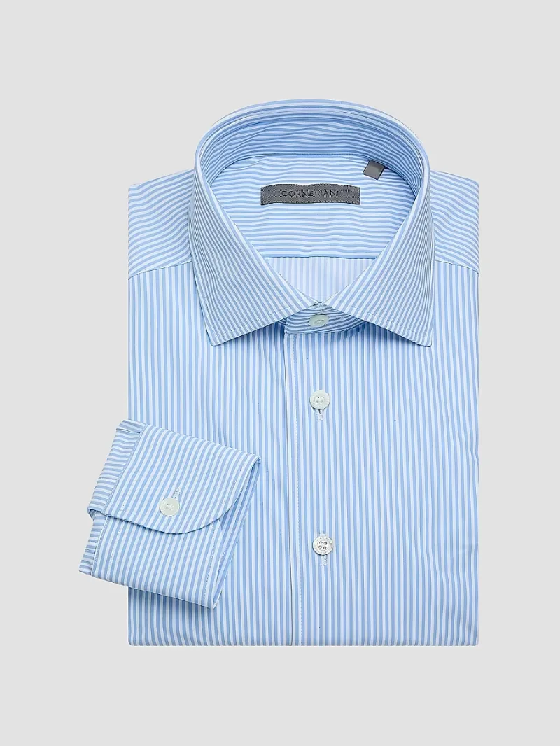 Corneliani Men's Striped Performance Stretch-Nylon Shirt - Powder Blue Stripe - Size 17.5