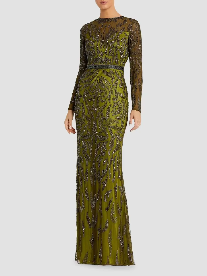 Mac Duggal Women's Illusion Sequin Gown - Olive - Size 18