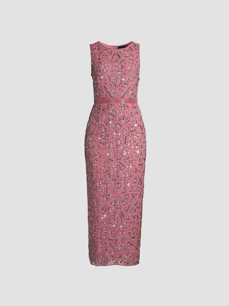 Mac Duggal Women's Triangle Bead & Sequin Pattern Midi Sheath Dress - Rosewood - Size 2