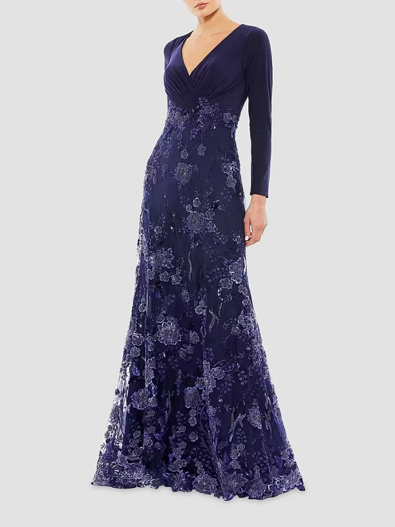 Mac Duggal Women's Floral Sequin Long-Sleeve Gown - Midnight - Size 4