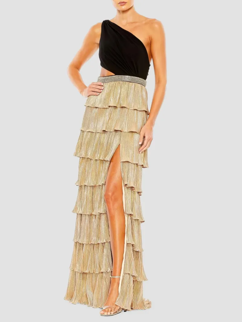 Mac Duggal Women's Ieena Tiered One-Shoulder Gown - Black Gold - Size 2