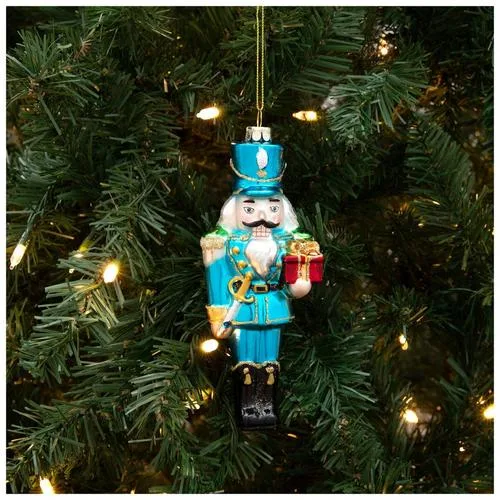 Blue Nutcracker Holding Present Ornament