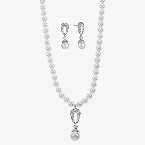 Monet Simulated Pearl Crystal Double Drop Earring and Necklace Boxed Set, One Size, White