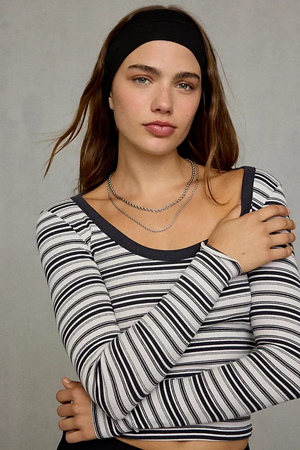 BDG Off-Duty Ribbed Scoop Neck Long Sleeve Tee in Black/White Stripe, Women's at Urban Outfitters