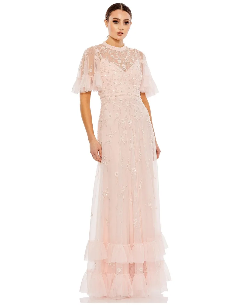 Mac Duggal Women's Ruffled Floral Embellished Flutter Sleeve A Line Gown - Peach