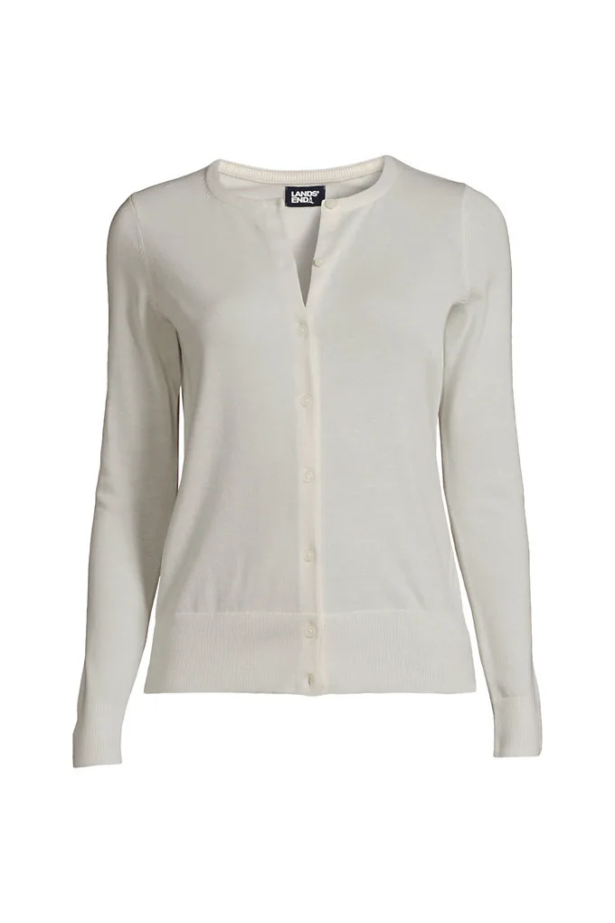 Women's Fine Gauge Cotton Cardigan Sweater - Lands' End - Ivory - L