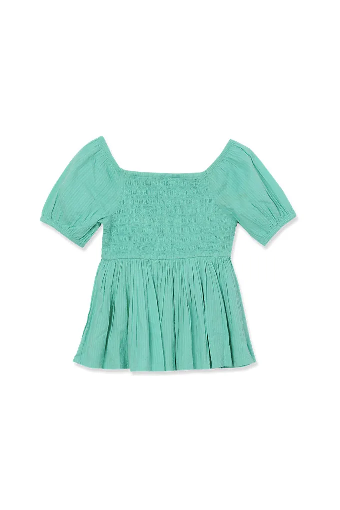 Girls Short Sleeve Smocked Woven Top - Lands' End - Green - XXS
