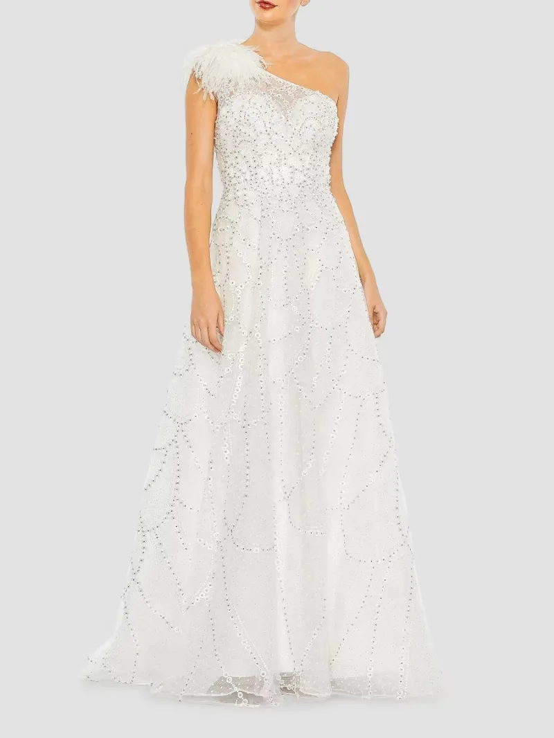 Mac Duggal Women's One-Shoulder Feathered A-Line Gown - Ivory - Size 4
