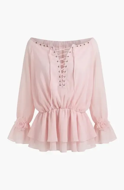 Modenaire Elegant Lace-Up Peplum Blouse with Long Sleeves in Pink at Nordstrom