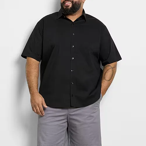 Van Heusen Everyday Defense Stain Shield Mens Short Sleeve Regular Fit Wrinkle Free Big and Tall Button-Down Shirt, Large Tall, Black