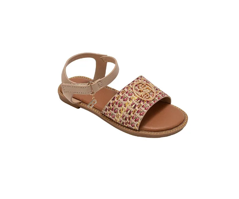 Bebe Girls Girl's Fashion Sandals - Dressy Shoes with Raffia Upper and Logo Medallion Accent - Tan multi