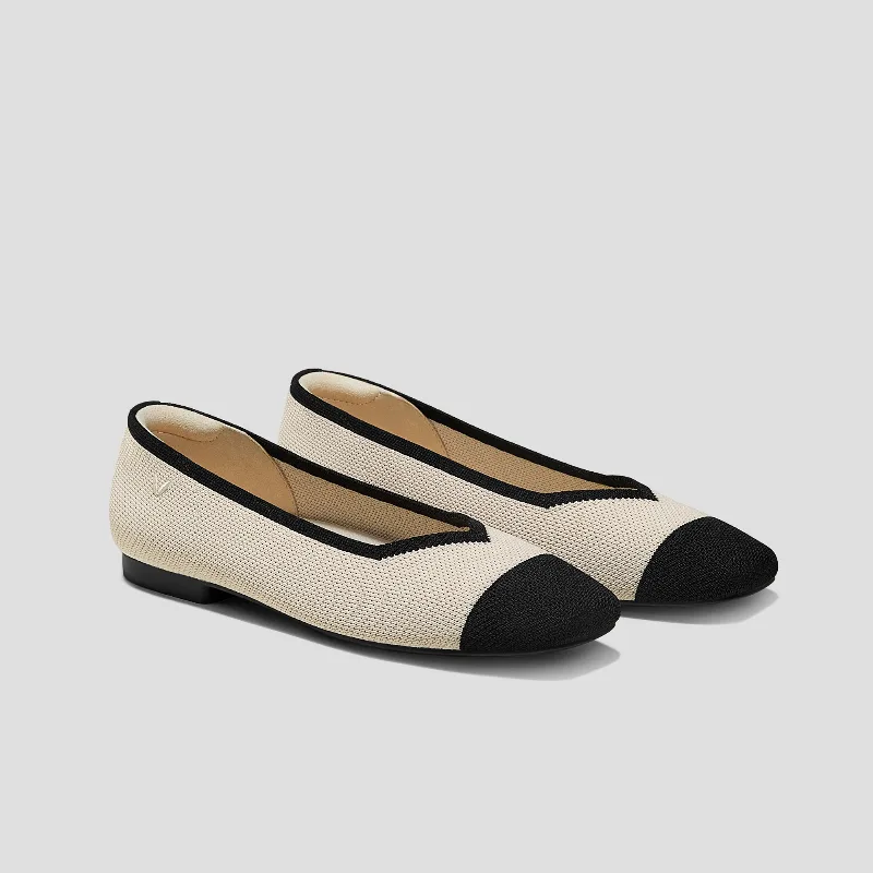 VIVAIA Square-Toe V-Cut Flats (Margot 2.0)|CREAM IVORY & BLACK|7-7.5