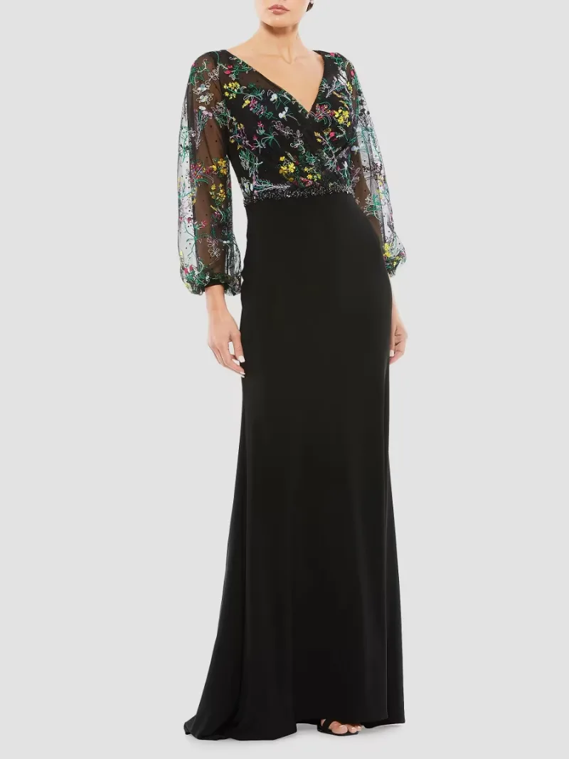 Mac Duggal Women's Embroidered Puff-Sleeve Gown - Black Multi - Size 8