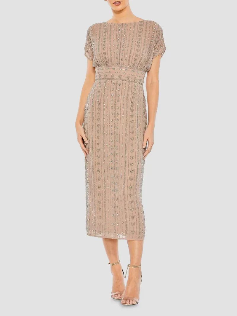 Mac Duggal Women's Beaded Mesh Column Midi-Dress - Dark Mocha - Size 2