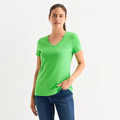 St. John's Bay Womens V Neck Short Sleeve T-Shirt, Medium, Green