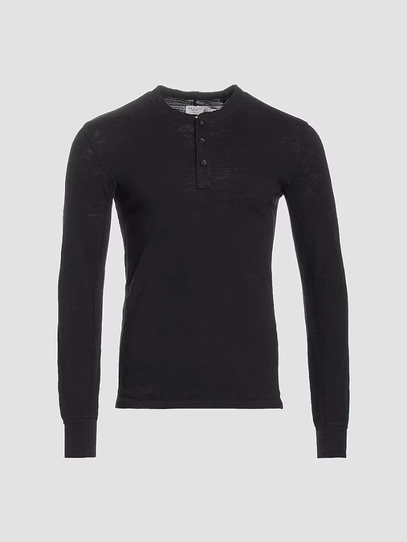 Men's Classic Long Sleeve Henley Slim-fit T-Shirt - Jet Black - Size XL