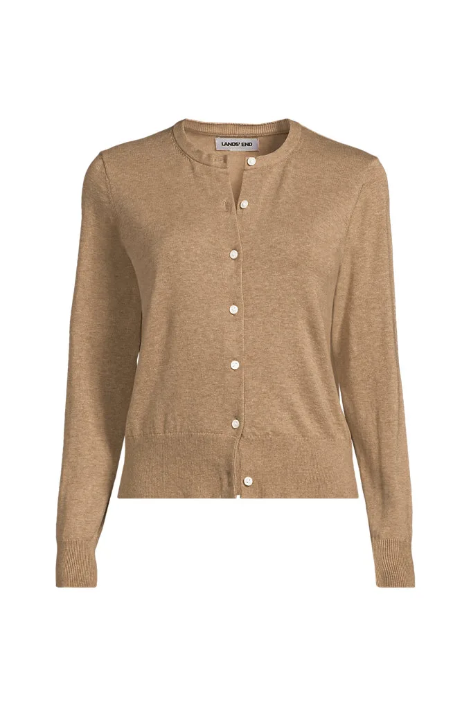 Women's Fine Gauge Cotton Crew Cardigan Sweater - Lands' End - Brown - L