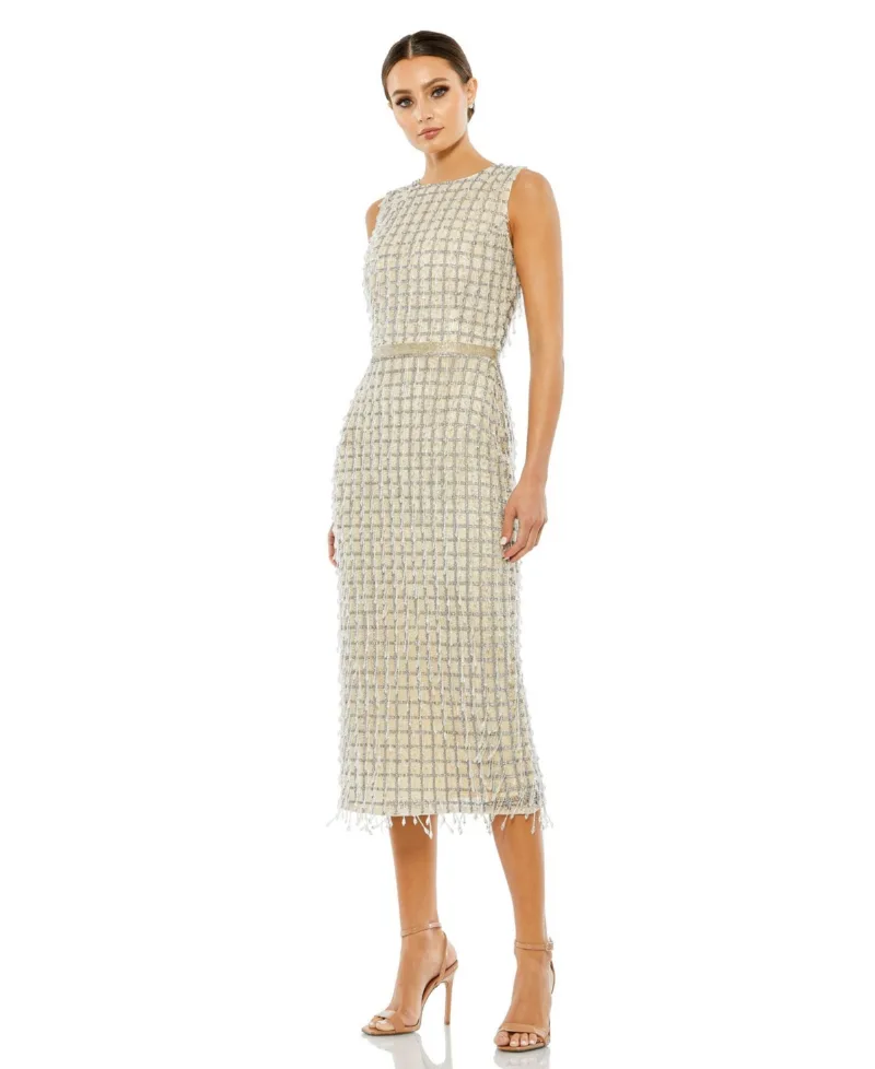 Mac Duggal Women's Sleeveless High Neck Beaded Midi Sheath Dress - Nude
