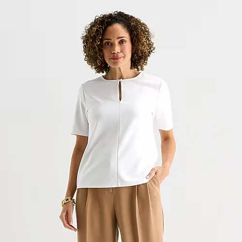 Liz Claiborne Womens Keyhole Neck Elbow Sleeve Blouse, Medium, White