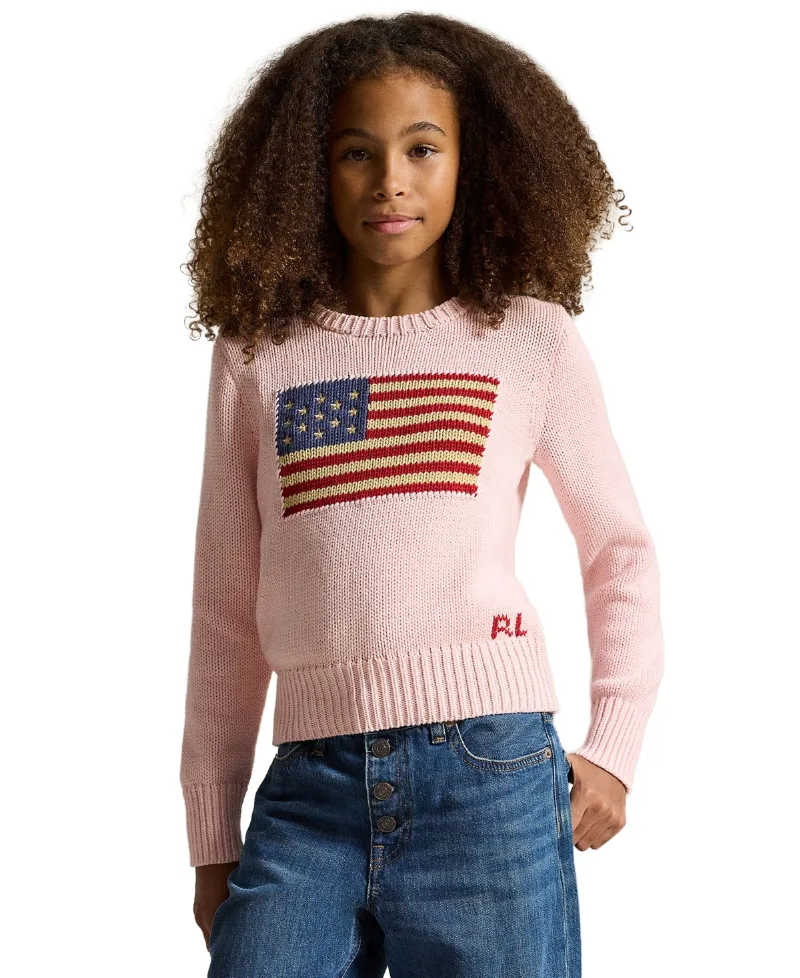 Polo Ralph Lauren Big Girls Flag Crewneck Sweater - Pink