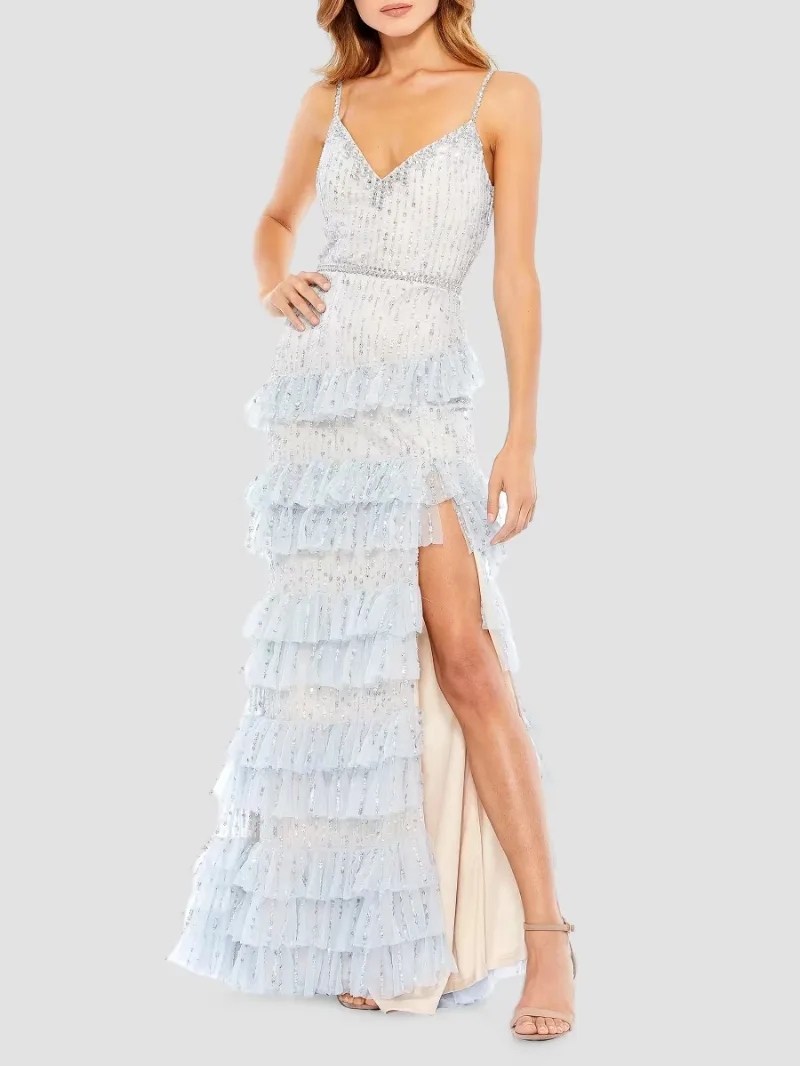 Mac Duggal Women's Sequined V-Neck Tiered Gown - Powder Blue - Size 14