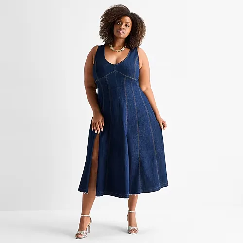 Ashley Graham Womens Plus V Neck Sleeveless A-Line Dress, 30w, Blue