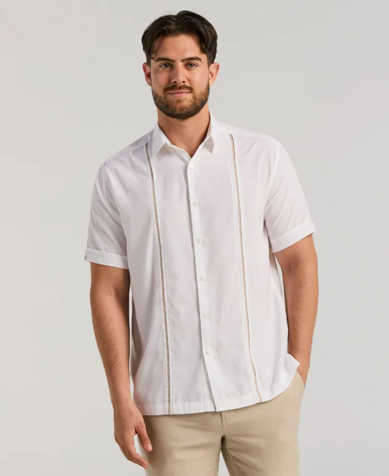Cubavera Men's Pick Stitch Panel Short Sleeve Button-Down Shirt - Bright White